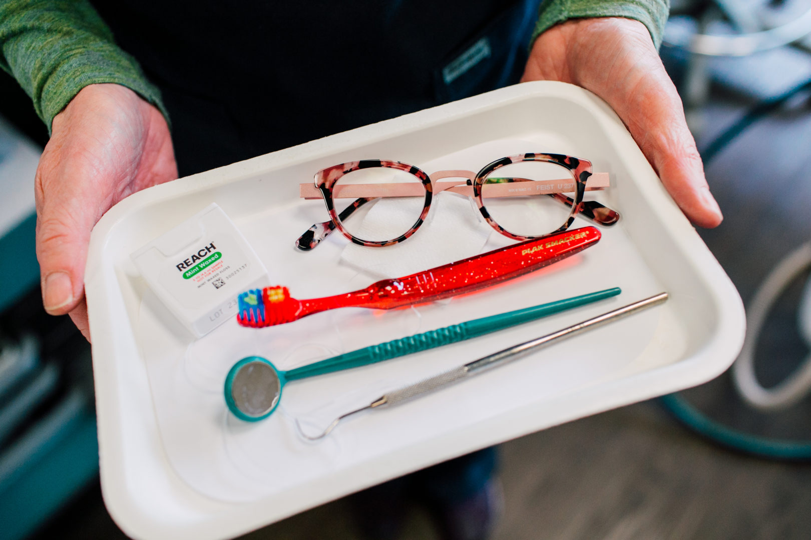 pediatric dental assistant wearing anne et valentin glasses photography by Katheryn Moran Photography