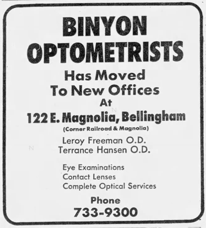 Binyon Optometrists Advertisements in the Bellingham Herald 1970’s. Source: newspapers.com
