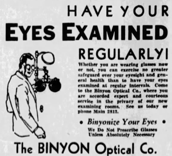 binyon optical optometrist newspaper advertisement bellingham herald 1930's