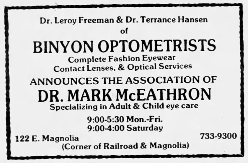 Binyon Optometrists Advertisement in the Bellingham Herald 1980’s. Source: newspapers.com
