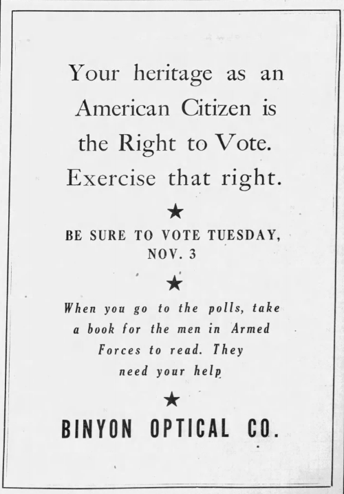 binyon optical optometrist newspaper advertisement bellingham herald 1940's vote