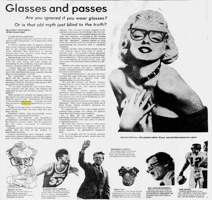 Binyon Optometrists Article in the Bellingham Herald 1970’s. Source: newspapers.com