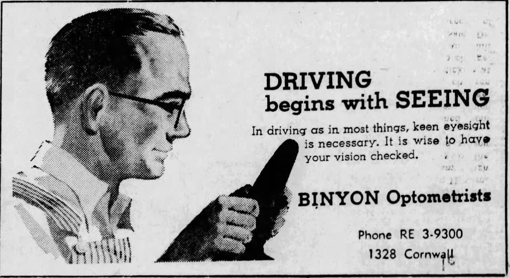 Binyon Optometrists Advertisements in the Bellingham Herald 1960’s. Source: newspapers.com