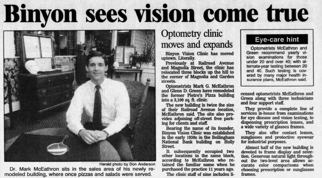 Binyon Optometrists Article in the Bellingham Herald 1990’s. Source: newspapers.com