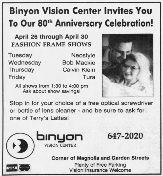 Binyon Optometrists Advertisement in the Bellingham Herald 1990’s. Source: newspapers.com