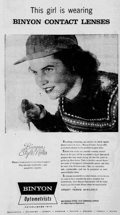 Binyon Optometrists Advertisements in the Bellingham Herald 1950’s. Source: newspapers.com