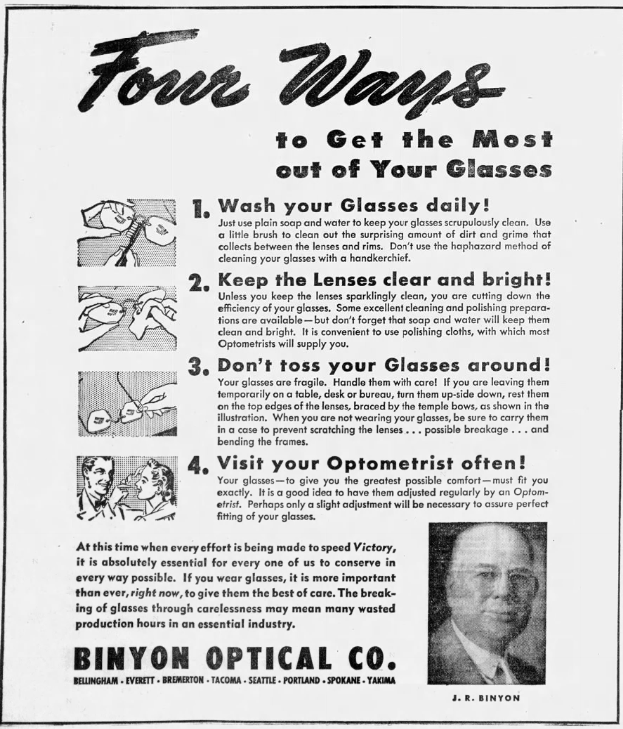 binyon optical optometrist newspaper advertisement bellingham herald 1940's 