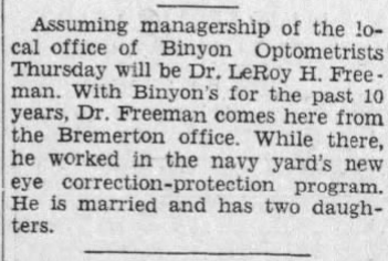 Binyon Optometrists Advertisements in the Bellingham Herald 1950’s. Source: newspapers.com