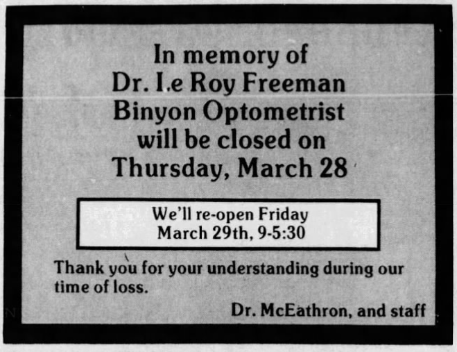 Binyon Optometrists Advertisement in the Bellingham Herald 1980’s. Source: newspapers.com